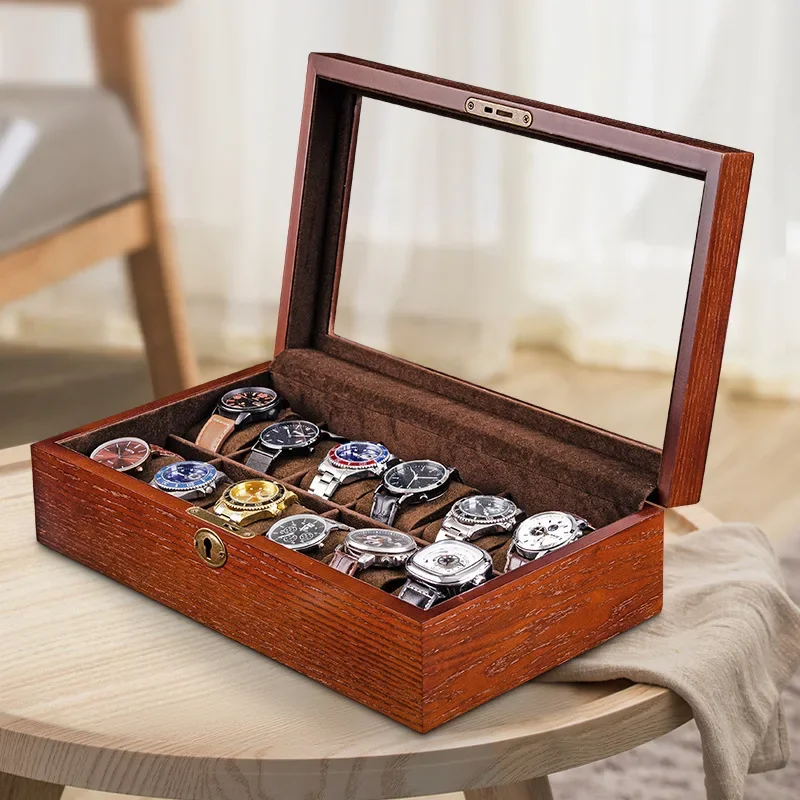 Wooden Watch Storage Box with Lock Transparent Skylight Watch Boxes Organizer Bracelet Glass Wrist Watches Display Collection