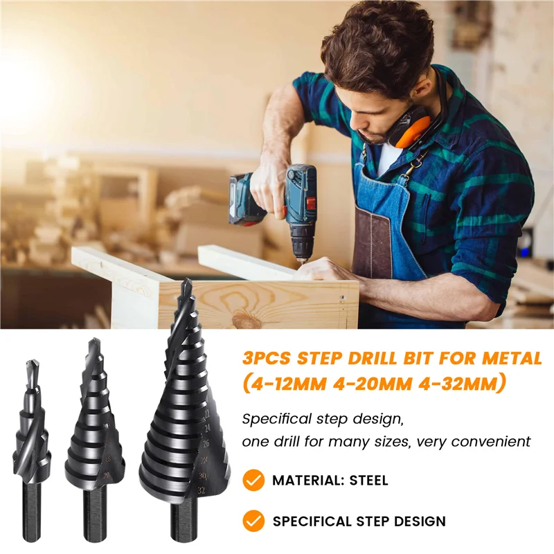 

-AA95 3PCS Step Drill Bit For Metal 4-12Mm 4-20Mm 4-32Mm Spiral Flute Unibit Step Drill Bit Coated Universal Bit