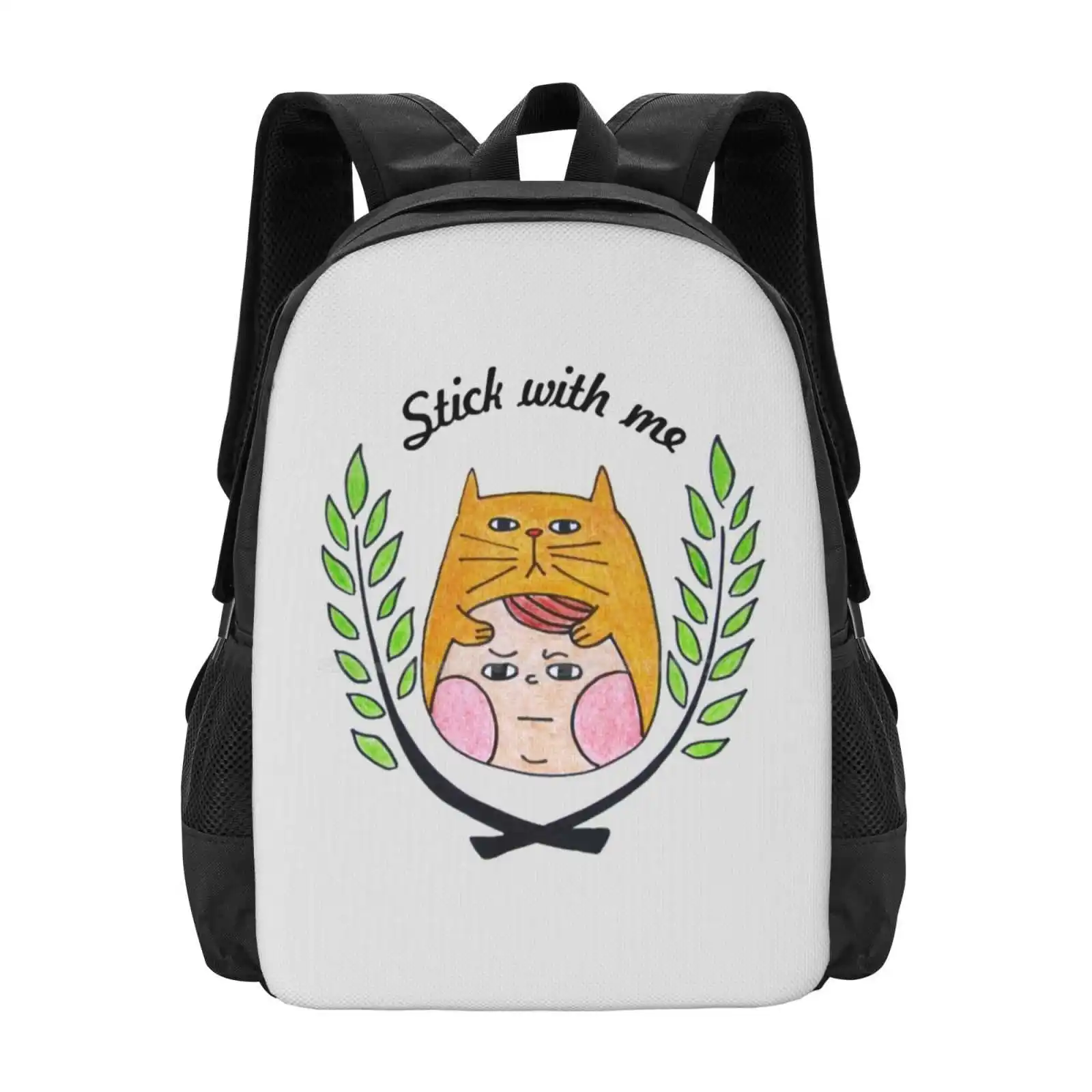 Stick With Me Hot Sale Schoolbag Backpack Fashion Bags Stick With Me Cat Kitty Pet Love Hand Drawn Monmouth Cap Kid Olive Wreath