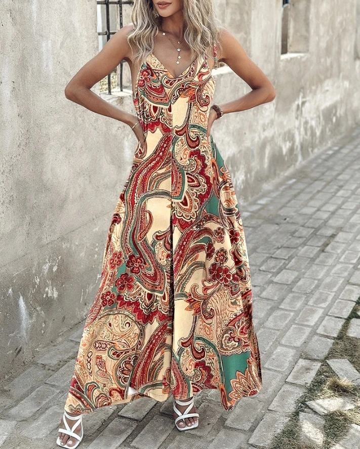 

2024 Summer Vacation Bohemian Vintage Paisley Tribe V-neck Slightly Stretched Printed Wide Leg jumpsuit