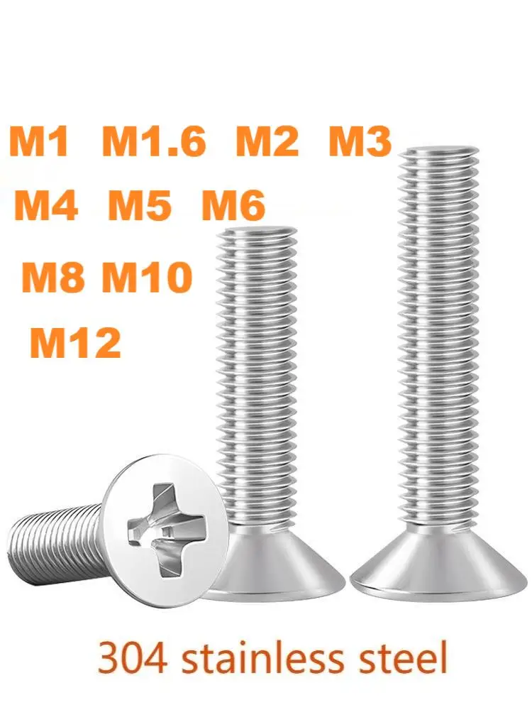 

M1 M1.6 M2 304 stainless steel Cross shaped flat head screw Countersunk screw Length4-100mm M3 M4 M5 M6 M8 M10 M12