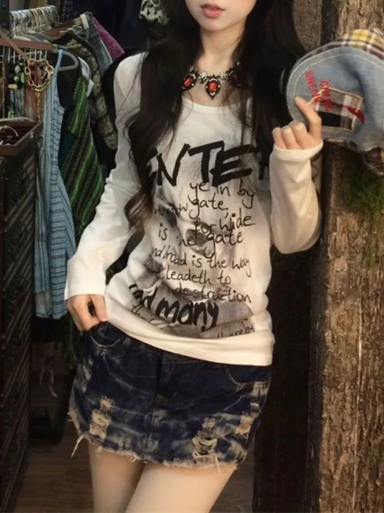 

American Retro Letter Print Long Sleeve T-shirt Women Spring Aesthetic New Hot Girl Smock Tops 2000s Gothic Y2k Casual Clothing