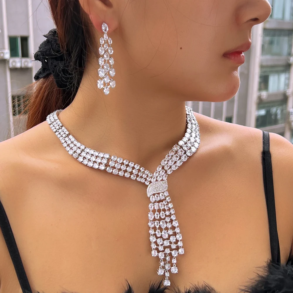 CWWZircons Luxury Dangle Tassel Drop Cubic Zirconia Big Wedding Bridal Party Necklace and Earrings Jewelry Sets for Women T750