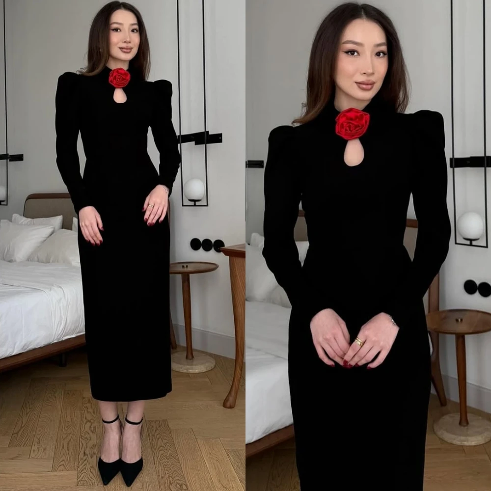 

Customized Elegant Jersey Long Sleeves Evening Dress Delicate High Collar Prom Dresses Exquisite Flowers Special Occasion Gowns