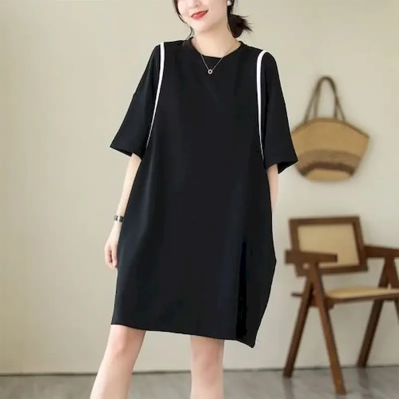 Vestido suelto coreano para mujer, camiseta de retazos a la moda, vestidos informales de manga corta, vestido de gran tamaño, ropa estética de tendencia de verano