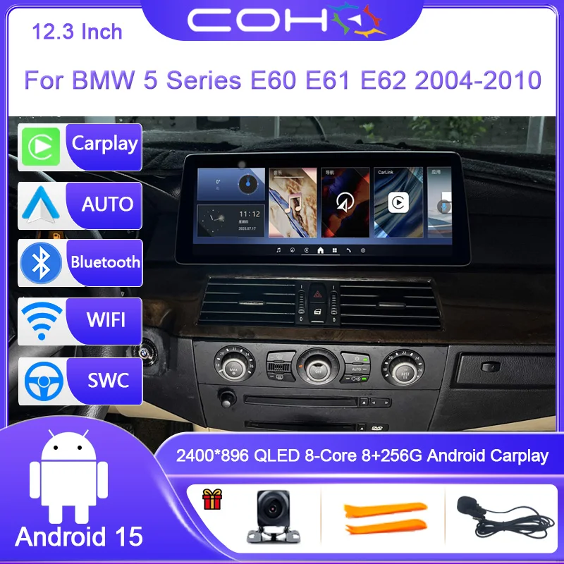 12.3 Inch For BMW 5 Series E60 E61 E62 2004-2010 Android15 Dual System 8Core Car Multimedia Player Car Radio GPS 4G WiFi Carplay