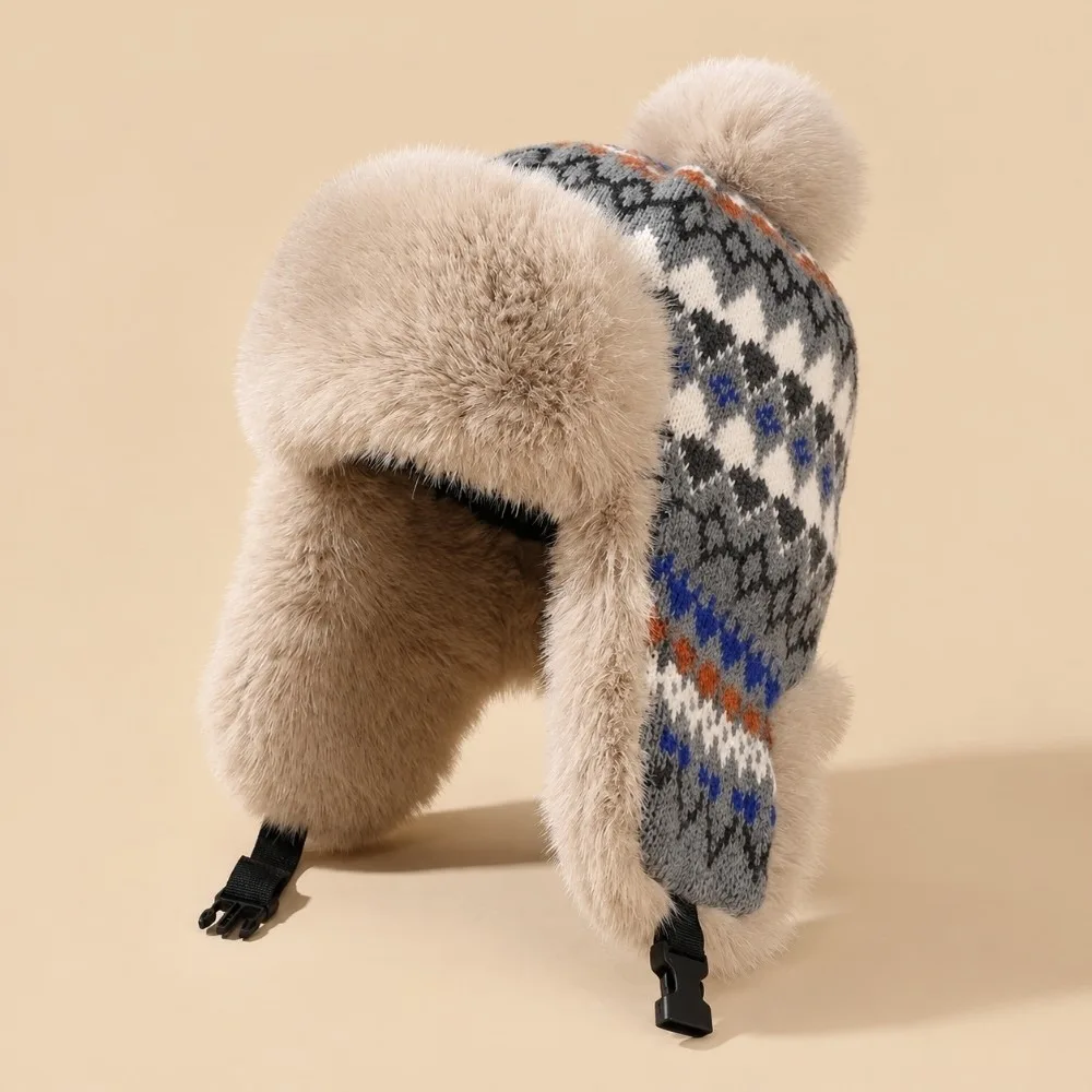 Thickened Material Winter Trapper Hat Geometric Pattern Aesthetic Style Knitted Jacquard Beanie Ear Protection