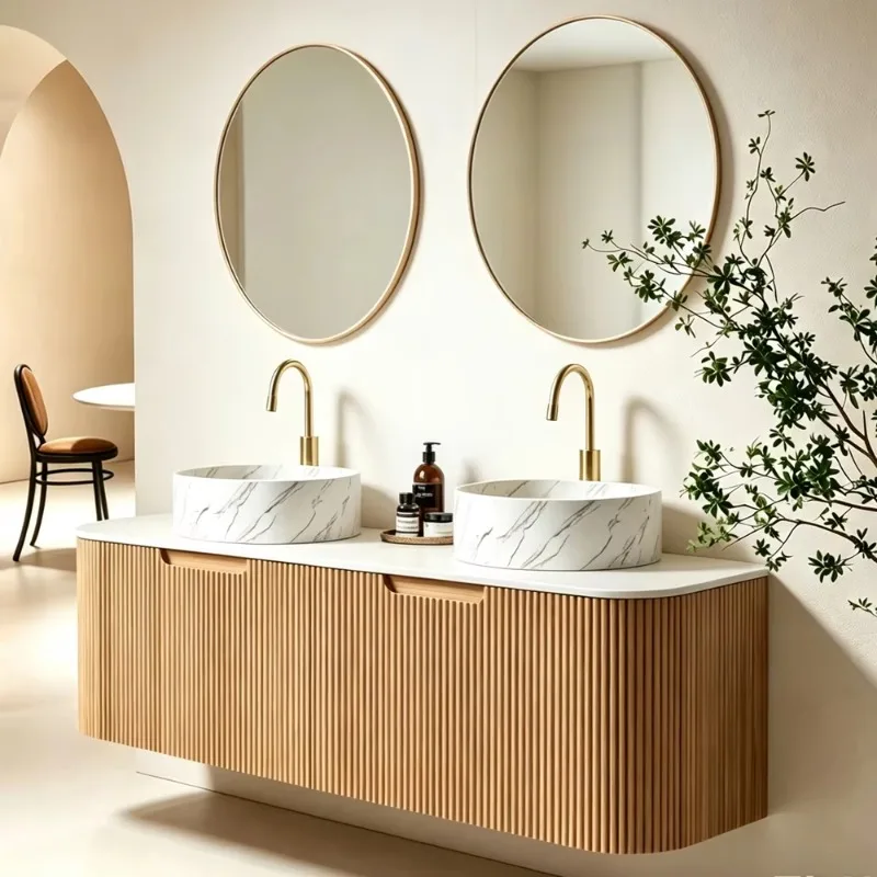Wood Fluted Floating Bathroom Vanity Double Sink Wall-Mounted Cabinet Gold Framed RoundMirror Artificial  Countertop Marble