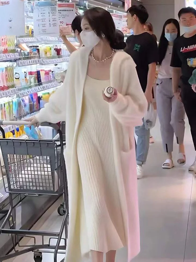 

Long Hooded Mink Velvet Jaet Autumn Winter Korean Sle Lazy Faion Pure Desire Sweater over Knee Open Cardigan High End F...