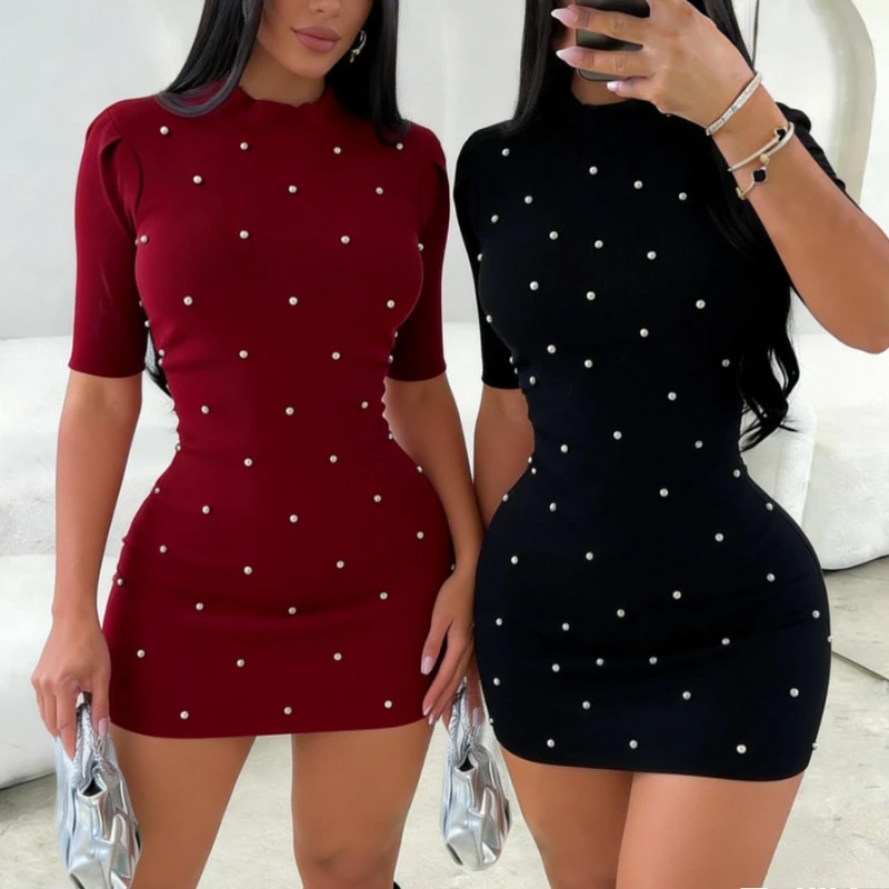 Damen Burgunderrotes Sommerkleid Kurzarm Strass-Verziertes Dehnbares Geripptes Bodycon Minikleid Y2K Clubwear Kleid