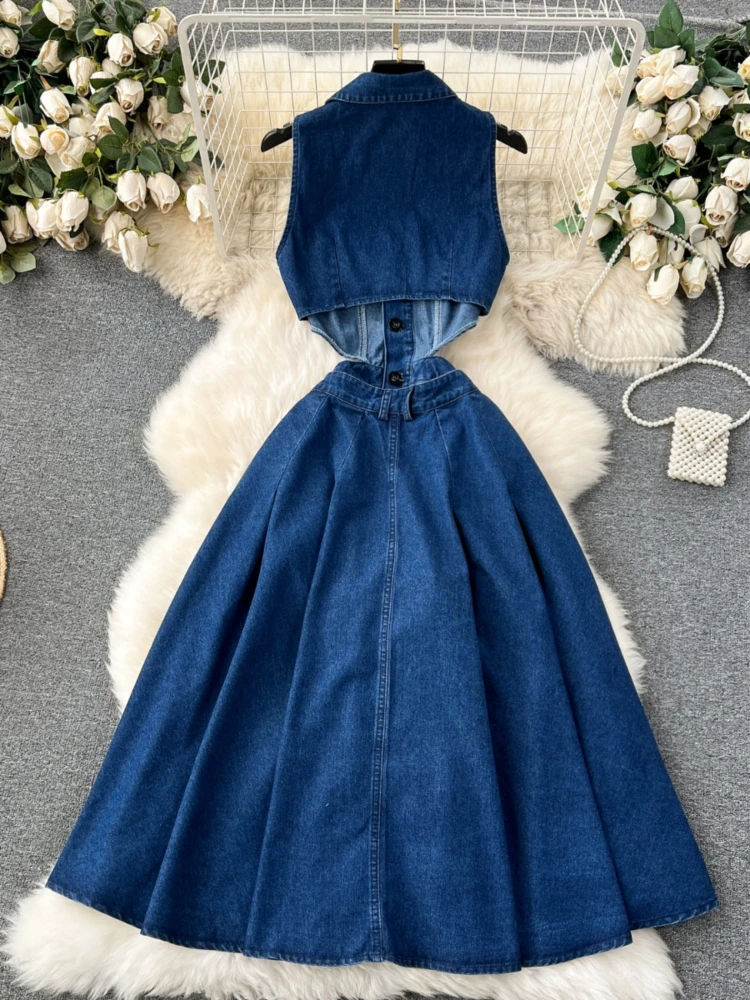 Robe en denim rétro pour femme, coupe boutonnée, taille creuse, coupe couvertes, mi-longue, revers en fibre, fente sur le genou, chaud, été