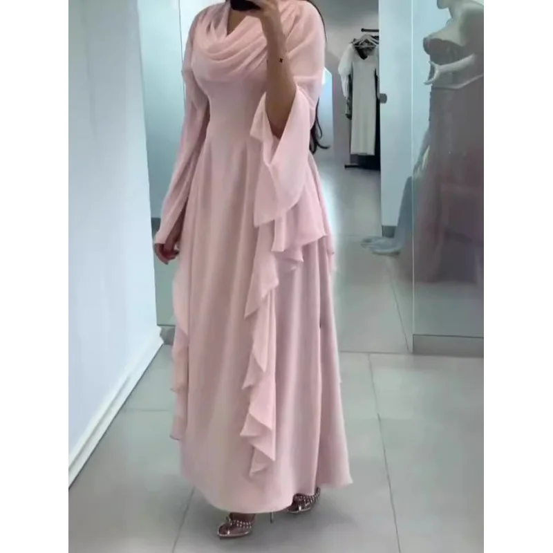 

2025European and American Summer Fashion New Chiffon Pile Collar Flared Sleeves Long Sleeves Flying Piece Waist Dress