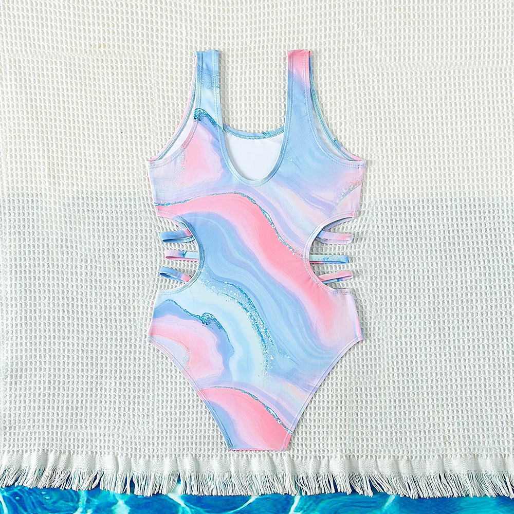 New Design kids Tie-dye Print One-piece Swimsuit for Teen Girls Blue Swimwears Bathing Suits 5-15 Years