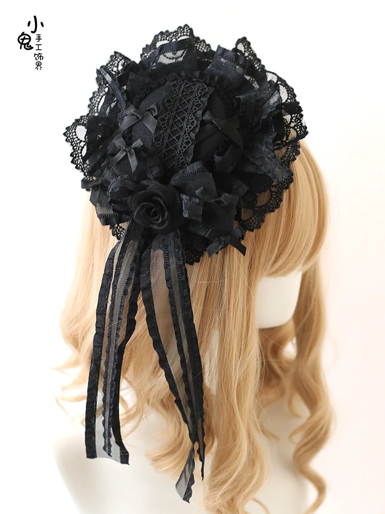 Original Lolita Black Mood Limited Hair Band Lace Bow KC Flower Pill Barrettes Cute Headwear Hair Accessories Hair Hoop