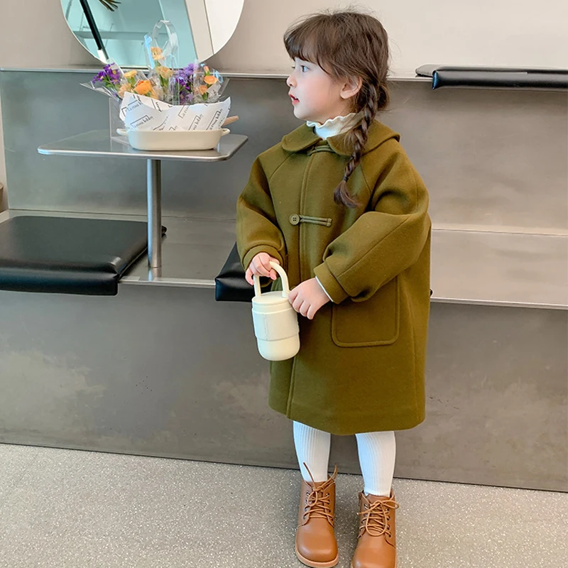 123  Girls Woolen Overcoat Autmn Winter Long Style Thick Warm Jacket For Doll Neck Single Breasted Cardigan Windbreaker Coat