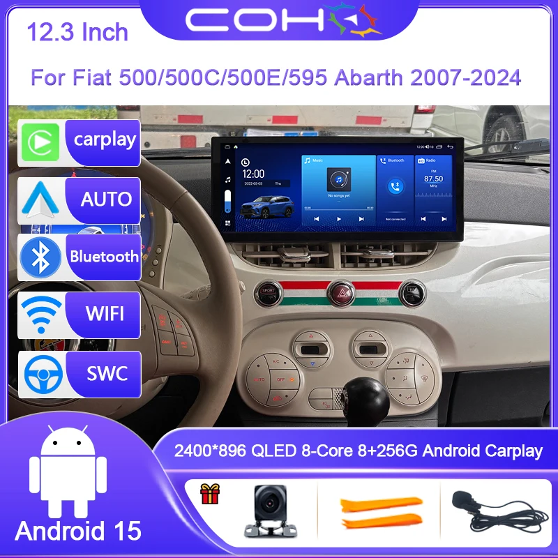 12.3 Inch For Fiat 500/500C/500E/595 Abarth 2007-2024 8-Core 8G+256G Car Multimedia Player Stereo Receiver Radio GPS 4G WIFI