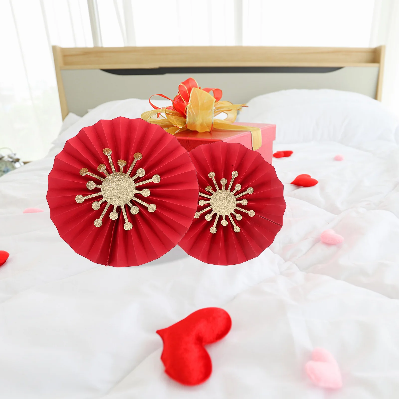 

6pcs Red Paper Fan Flowers Decorations Diy Hanging For Wedding Party Event Background Wall Chinese New Year Festival Celebration