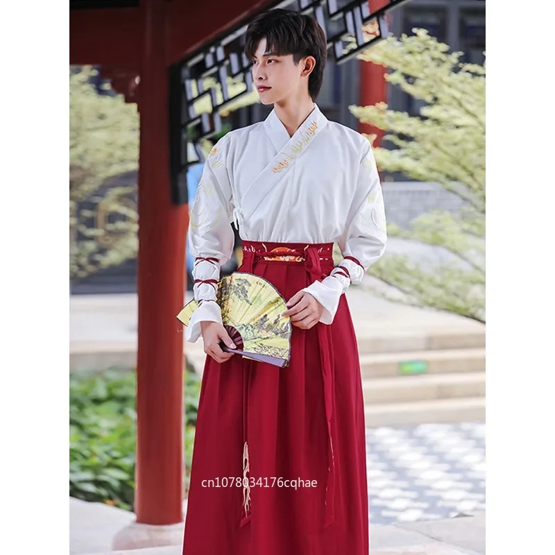 

Hanfu male fairy gas Chinese style red cross-neck knight big sleeve shirt suit