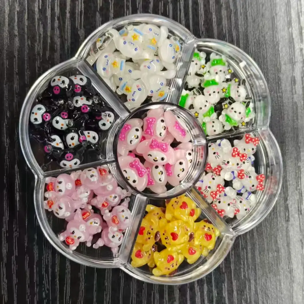70Pcs Cute Cartoon Resin Nail Charms Mixed 3D Sanrio Nail Decor Flower Box DIY Manicure Supplies