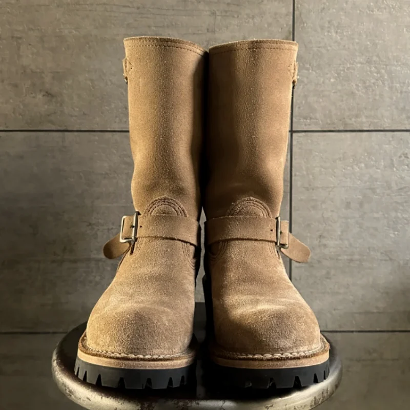 

Замшевые кожаные ботинки средней высоты для мужчин и женщин, цвета хаки и черные, с круглым носком, на массивном каблуке, с ремешком на пряжке, мотоциклетные байкерские ботинки