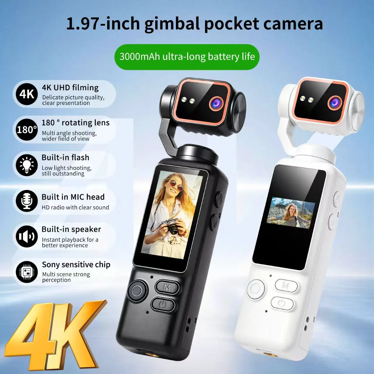 4K HD Action Camera 180°Rotating Lens 1.97'' Screen Portable Camcorder Outdoor Sport Vlog Video Shooting Handheld Video Recorder