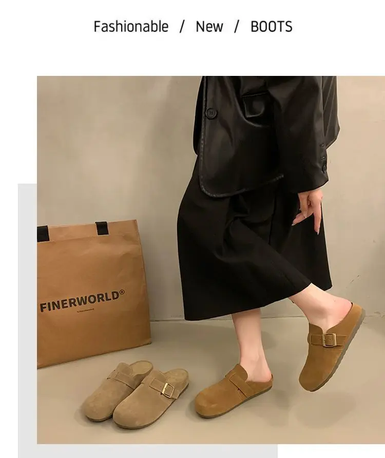 Damen-Wildleder-Pantoletten mit geschlossener Zehenpartie, verstellbare Schnalle, flache Clogs zum Überziehen, Retro-Freizeit-Outdoor-Schuhe ohne Rücken. – Detail 7