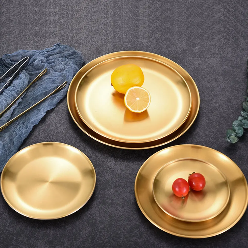 

6Pcs Gold Metal Plates Smooth Edge Stainless Steel Dinner Plates Lightweight Reusable Vintage Style for Party Picnic