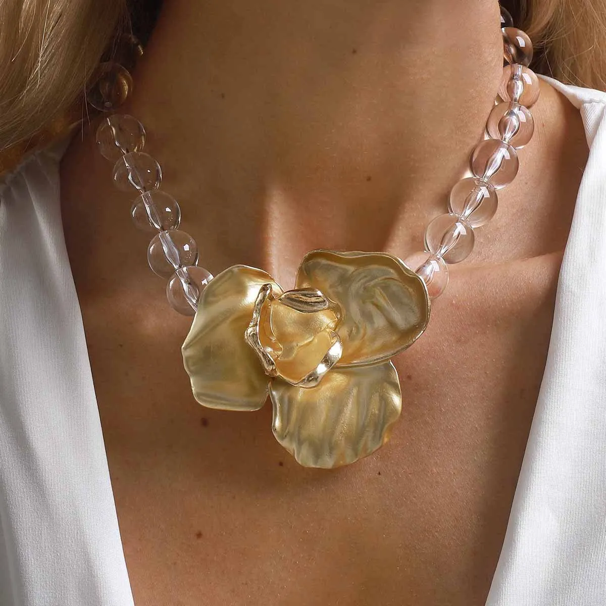 Clear Round Beaded Choker Highlighted By Golden Sculptural Floral Charm Fashion Avant Garde Statement Neckwear Women