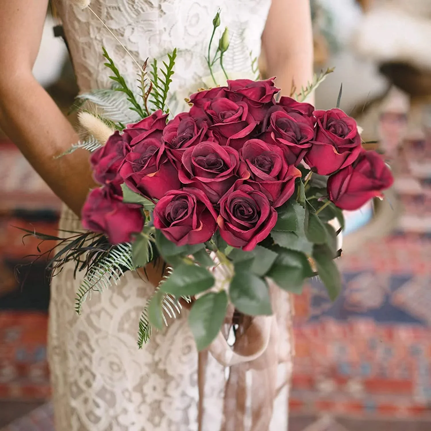 1pack 12 heads Artificial Burgundy Flowers Silk Faux Mother\'s Day Bouquet Vintage Rose for DIY Table Centerpiece Party Decor