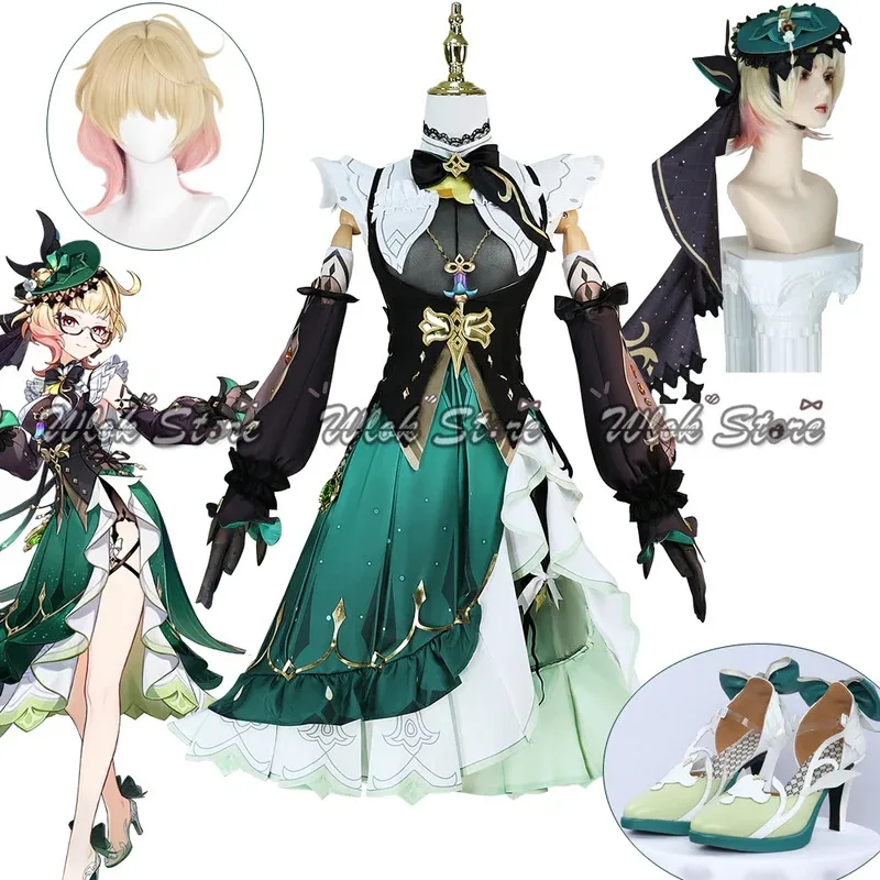 

Game Genshin Impact Emilie Cosplay Costume Wig Dress Hat Headwear Glasses Women Halloween Party Carnival Role Play Outfits Shoes
