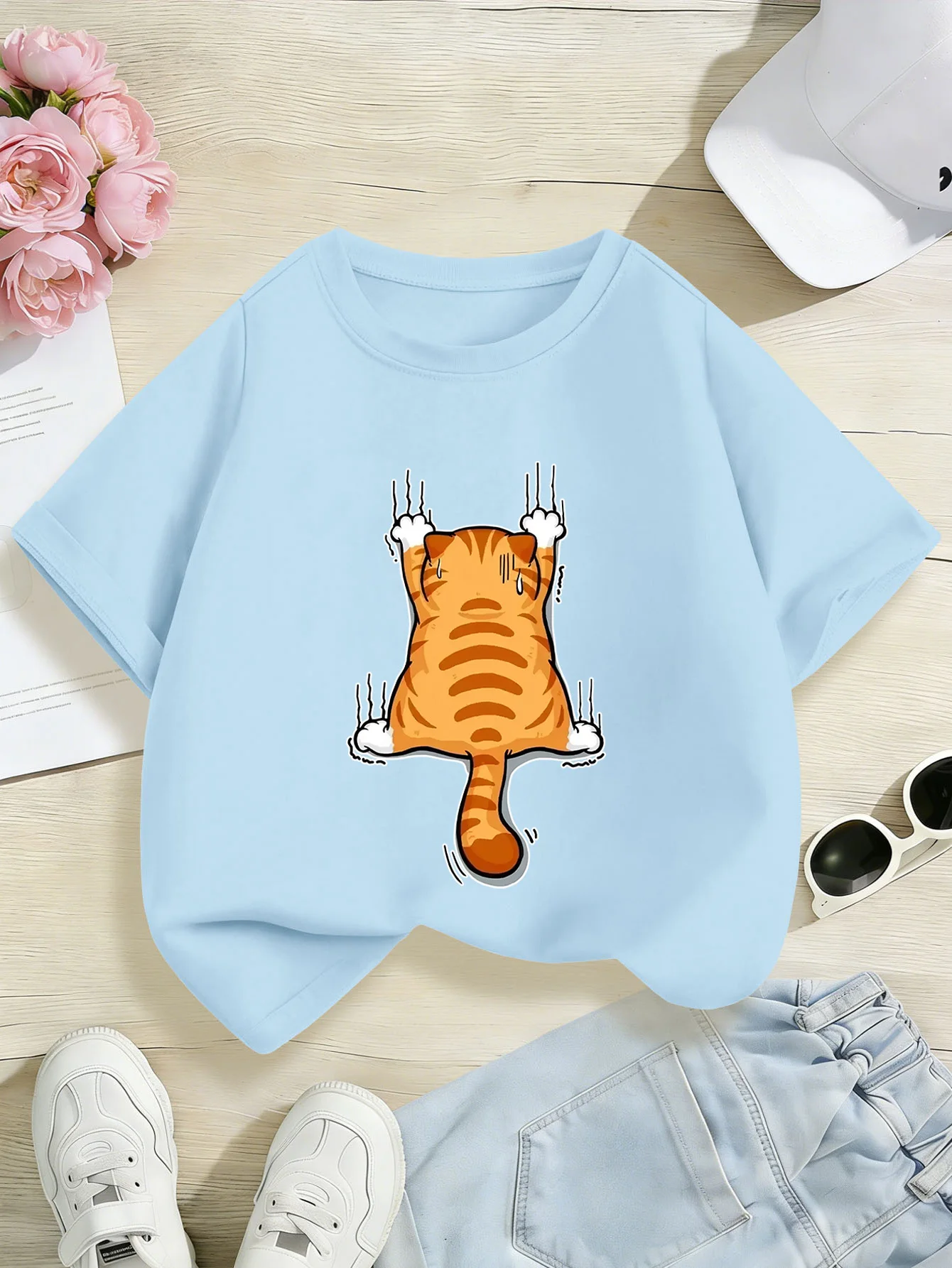 Family Matching Tee Hanging Cartoon Orange Cat Graphic Boys Girls Soft Short Sleeve Parent Kid Funny Pet Simple Daily Tops