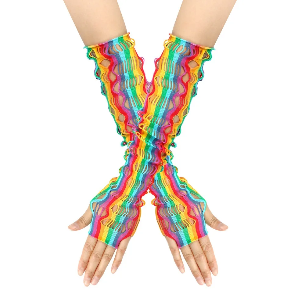 Hot Sale Rainbow Hollow Mesh Gloves Party Dress Highly Elastic Long Gloves Clothing Accessories Fishing Net Gloves Party