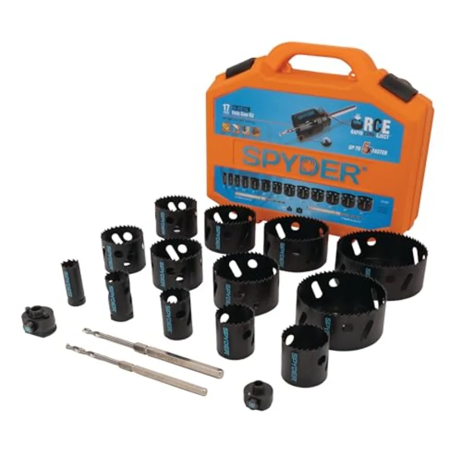 

17-Piece Bi-Metal Master Electrician Hole Saw Kit, 13 Hole Saws, Hex8 and Hex10 HSS Pilot Bits and Arbors, Rapid Core Eject Arb