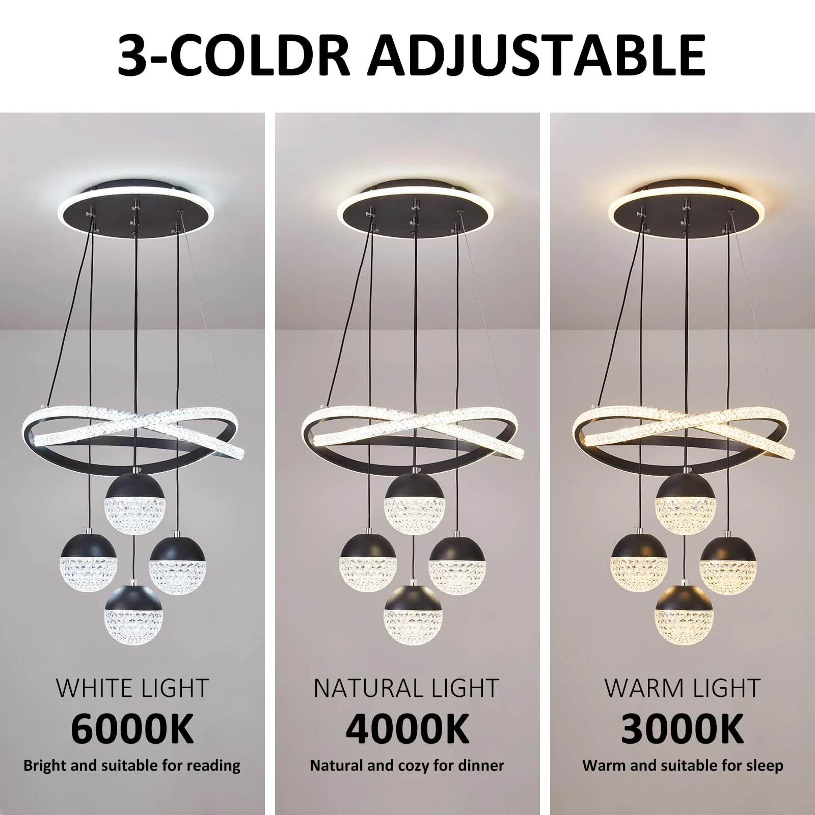 الثريات الحديثة LED 3-Color عكس الضوء سقف معلق ضوء الارتفاع قابل للتعديل لغرفة الطعام غرفة نوم غرفة المعيشة أسود