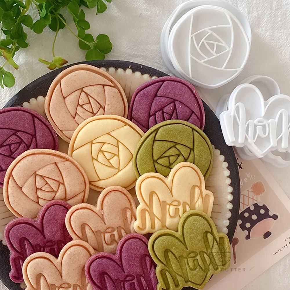 Mother's Day Thicken Cookie Moulds Rose Flower Shape Cookie Cutter Love Heart Mom 3D Home DIY Fondant Cake Decoration Tools B