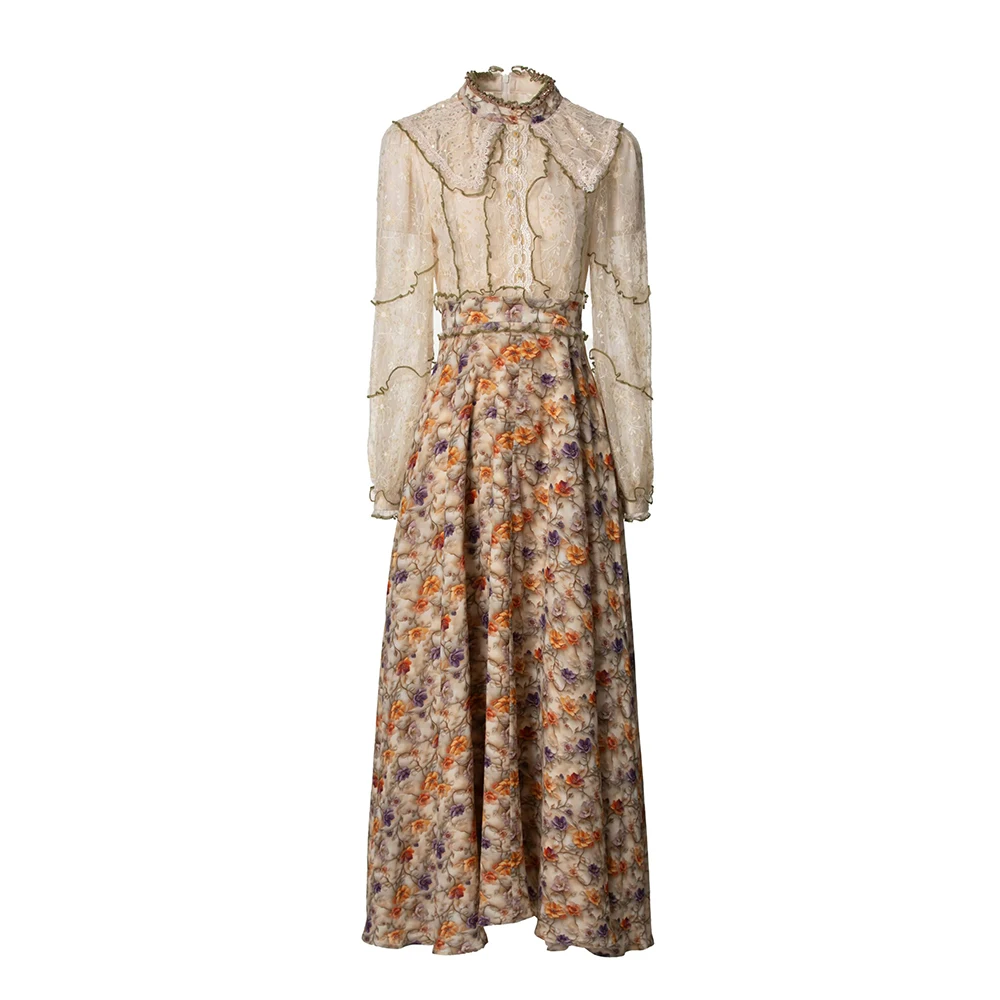 

Meyyithun Pluse Size S-XXXXL Women's Dresses Fashion Lace Patchwork Dress Lantern Sleeve Flowers Print Vintage Long Dress MZ0