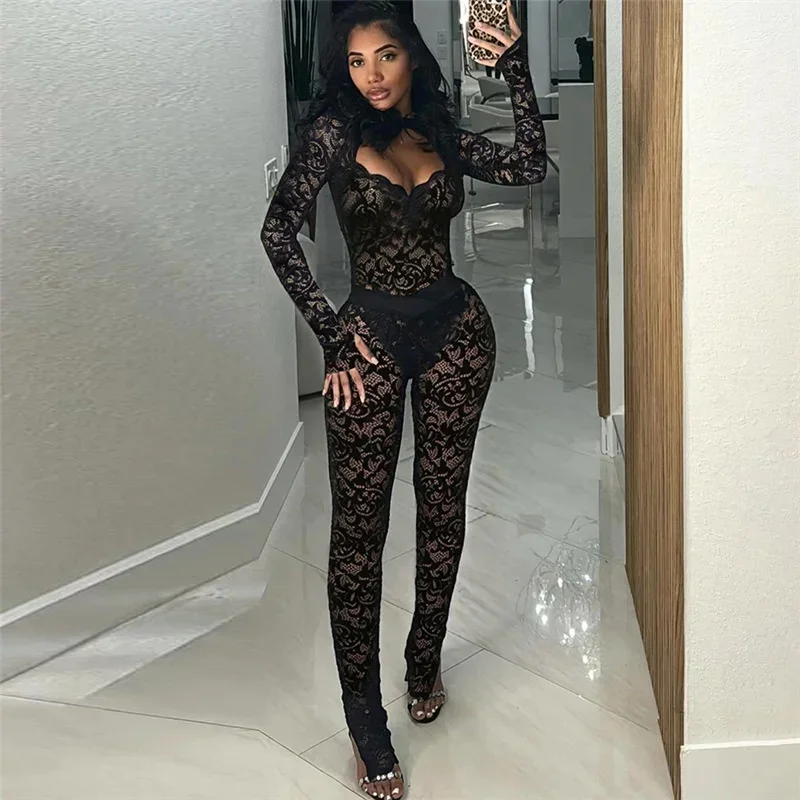 

Lace Embroidery Women 2 Piece Set Sexy Hot Sheer Backless Hollow Slim Bodysuits+Matching High Waist Pants Mujer Clubwear 2025