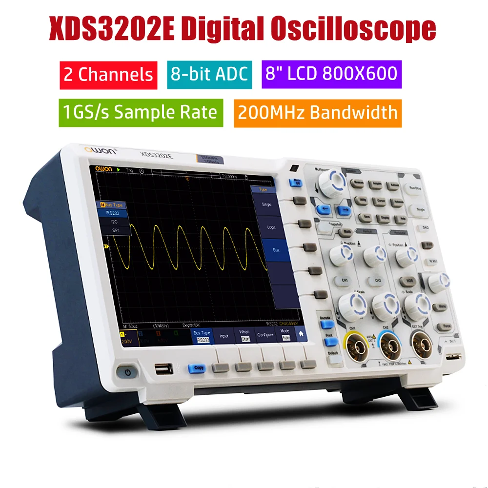 OWON XDS3202E Osiloscopio Digital Oscilloscope 1GS/s 200MHz 2CH+1(external) 40M Record Length 8 Bits Multimeter Oscilloscope