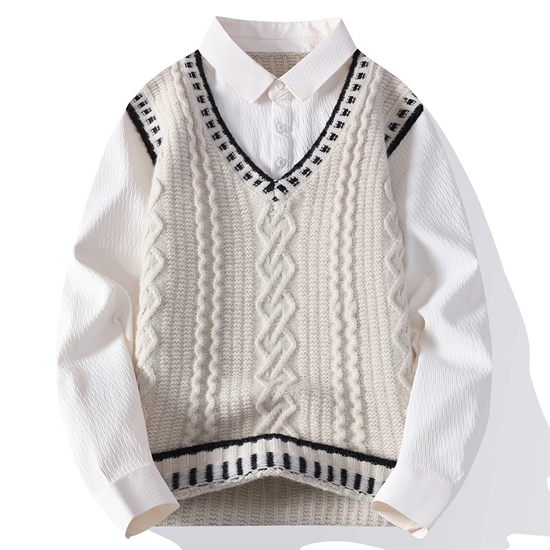 2025 Autumn Fashion Turn Down Collar Sweater Men Youthful Vitality Knitted Pullovers Mens Patchwork Loose Casual Knit Sweater