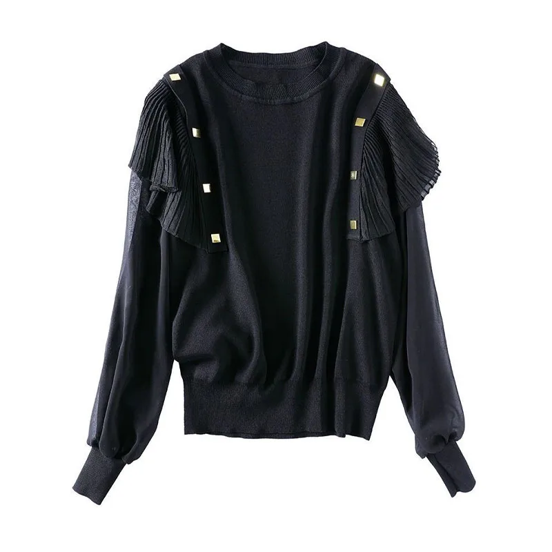 Elegant Korean Ruffles Spliced Round Neck Tops Women\'s Clothing Fashion All-match Long Sleeve Solid Color T-shirt for Female