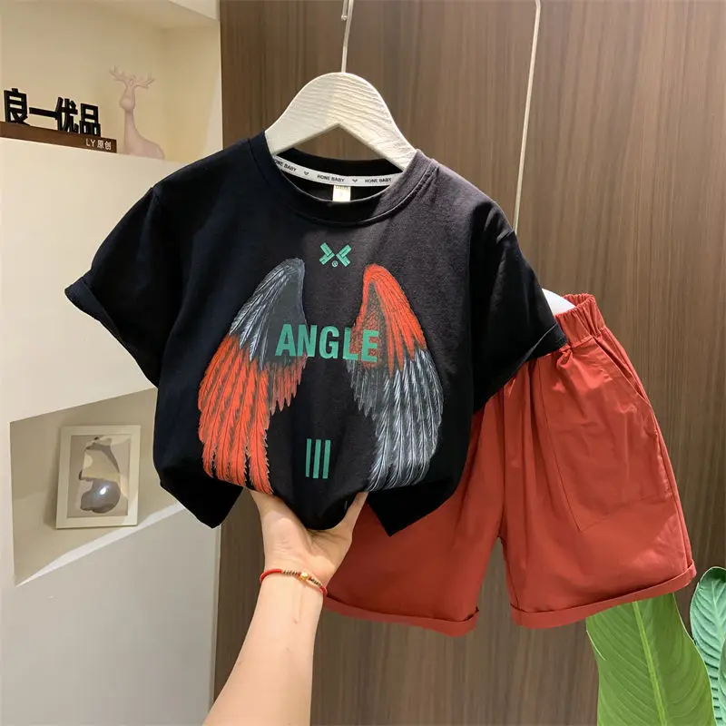 

Teenager Boys Summer Kids Clothes Set 2024 New Kids Short Sleeve Shirt and Shorts 2Pcs Suit Children's Letters Label Outfit