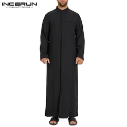 INCERUN 2024 New Men Muslim Fashion Clothes Solid Jubba Thobe Long Sleeve Stand Collar Pockets Robes Islamic Arabic Kaftan S-5XL