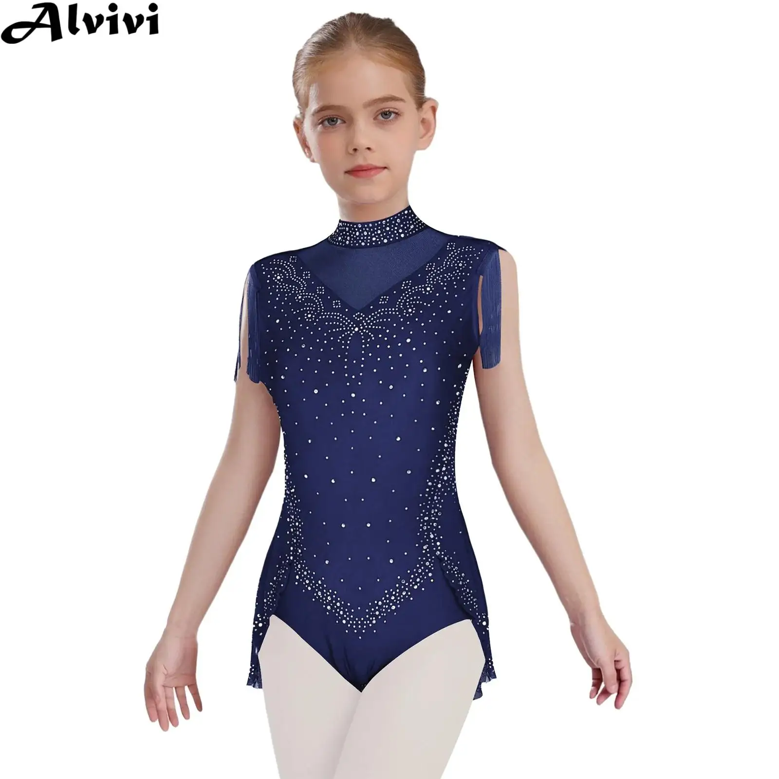 

Платье-купальник для фигурного катания для девочек от 6 до 16 лет, сетчатое боди без рукавов со стразами и кисточками для лирических латинских танцев, балета, гимнастики