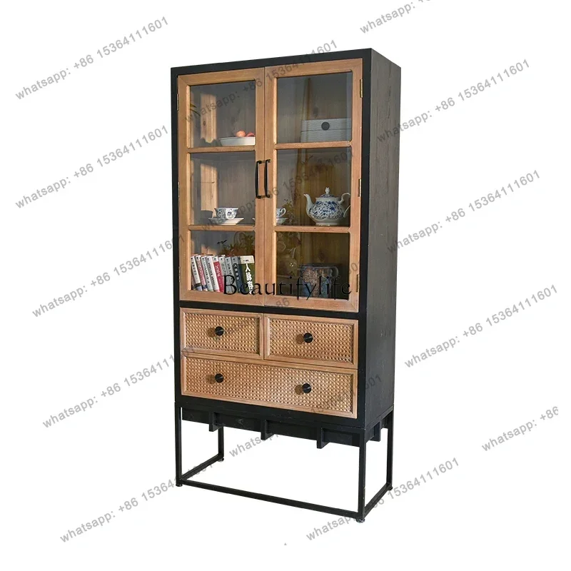 

56-*Retro iron and wood combined with rattan solid wood glass storage cabinet, antique living room side cabinet