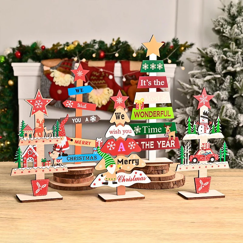 Wooden Christmas Tree Handmade DIY Christmas Party Tabletop Ornaments Cartoon Colorful Xmas Tree New Year Home Decoration Gift