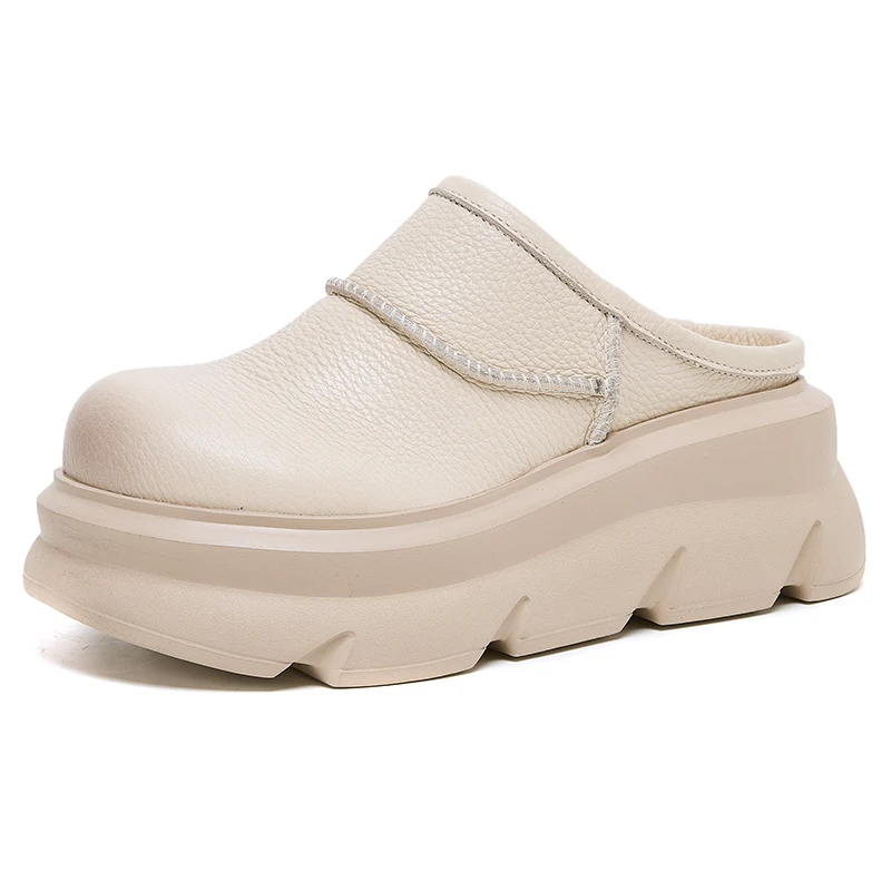 

ZXRYXGS Head Layer Cowhide Round Toe Slippers Thick Bottom Increase Shoes 2025 Spring Summer Wearing Outside Slippers Women Shoe