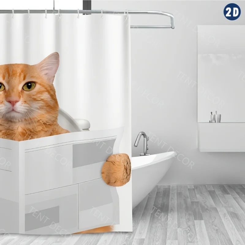 Cute Orange Cat Peeking From Newspaper Shower Curtain Bathroom Decor Funny Pet Shower Curtain for Kids Adults