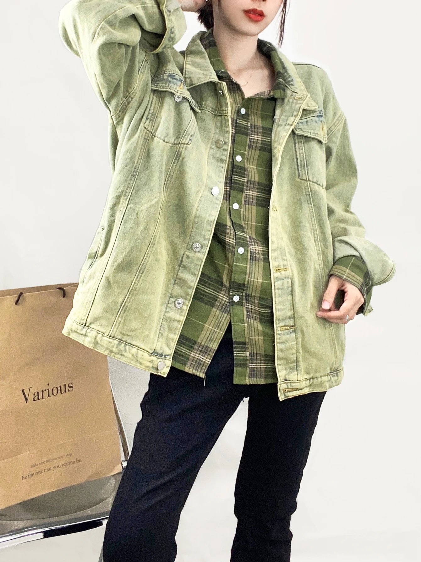 REDDACHiC Avocado Green Women Denim Jacket Oversize Skater Long Sleeves Shirt Coat Acubi Fashion Grunge Y2k 90s Vintage Outwear