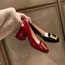 Women Pumps Fashion Square Heel Sexy High Heels Wedding Shoes Ladies Round Toe Metal Buckle Party Chunky Shoes Zapatillas Mujer