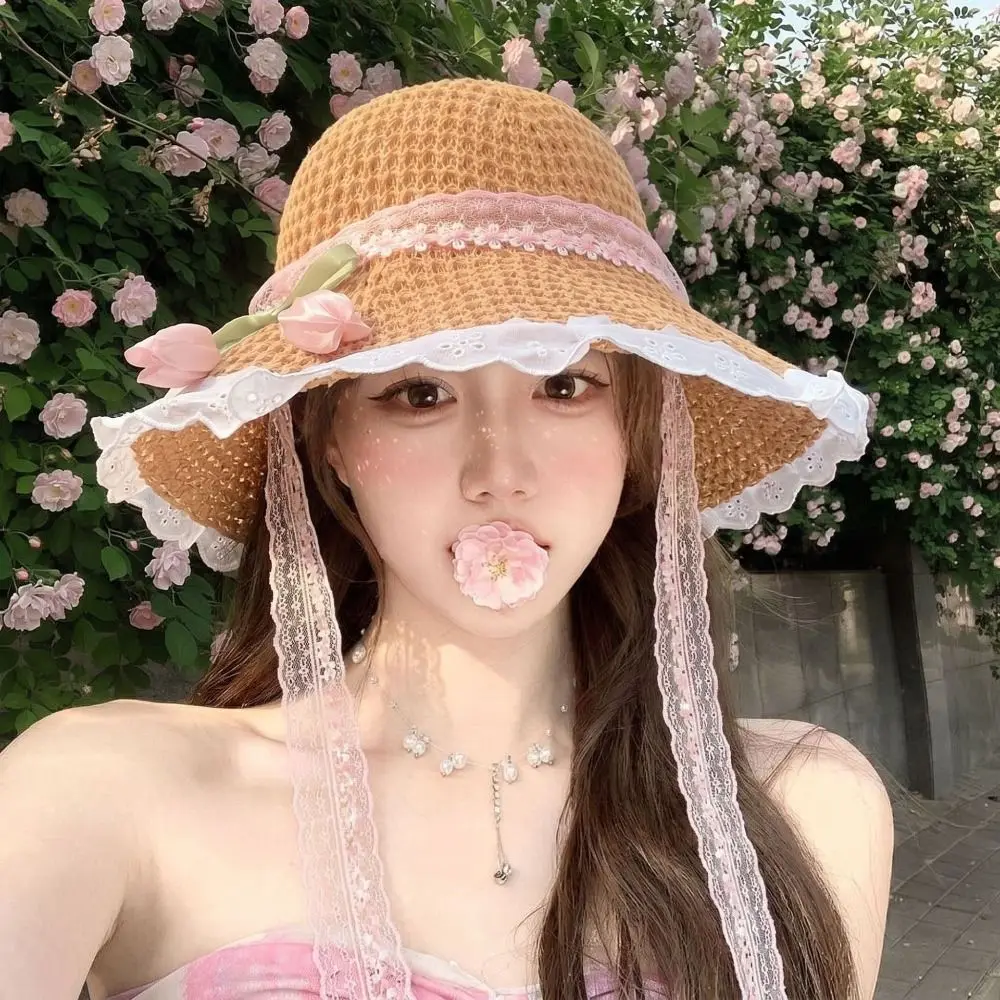

New Tulip Straw Hat Lace Wide Brim Woven Hat Sun Protection Elegant Sun Cap Seaside Beach